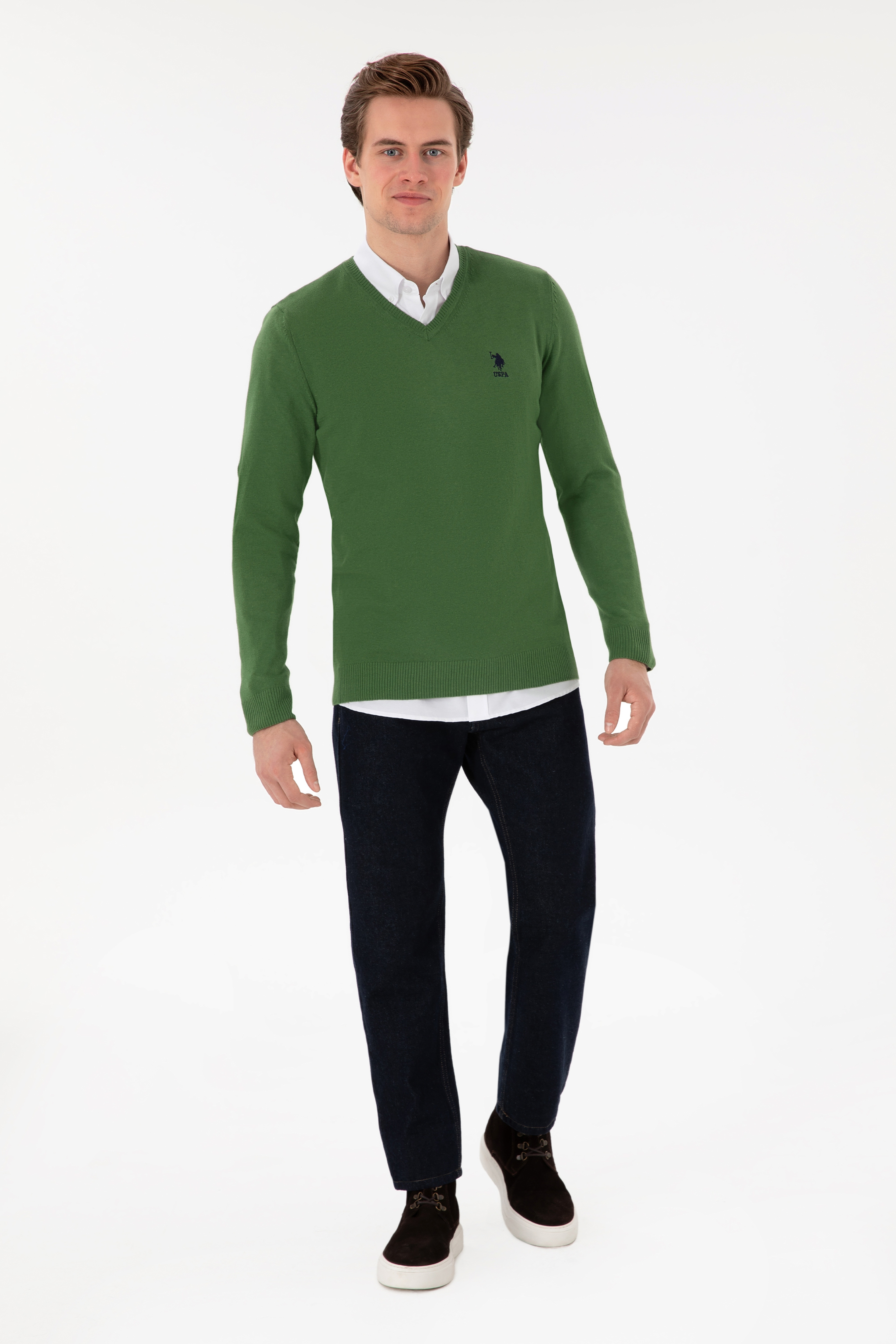 Erkek Slim Fit V Yaka Yeşil Basic Kazak - Image 4
