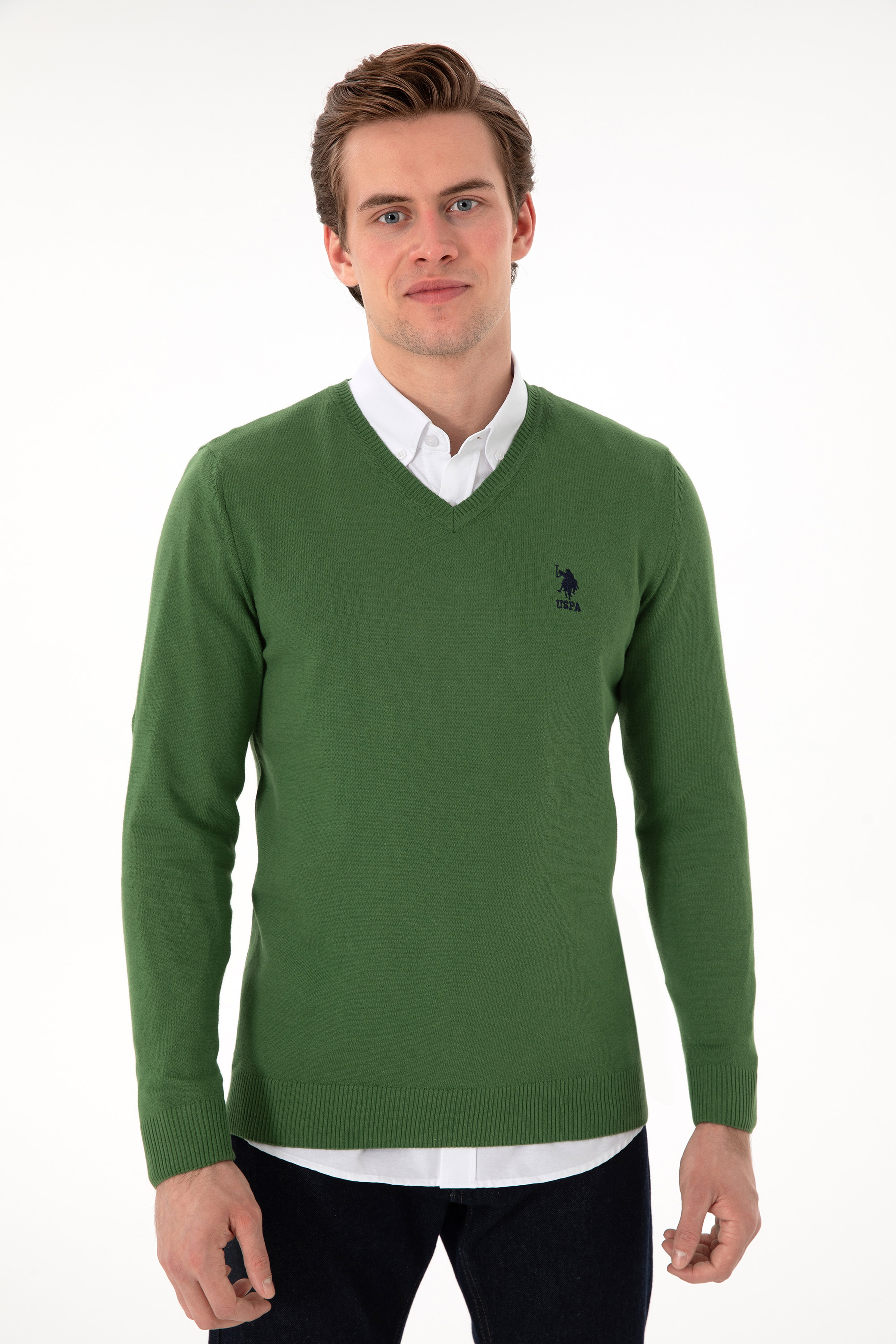 Erkek Slim Fit V Yaka Yeşil Basic Kazak