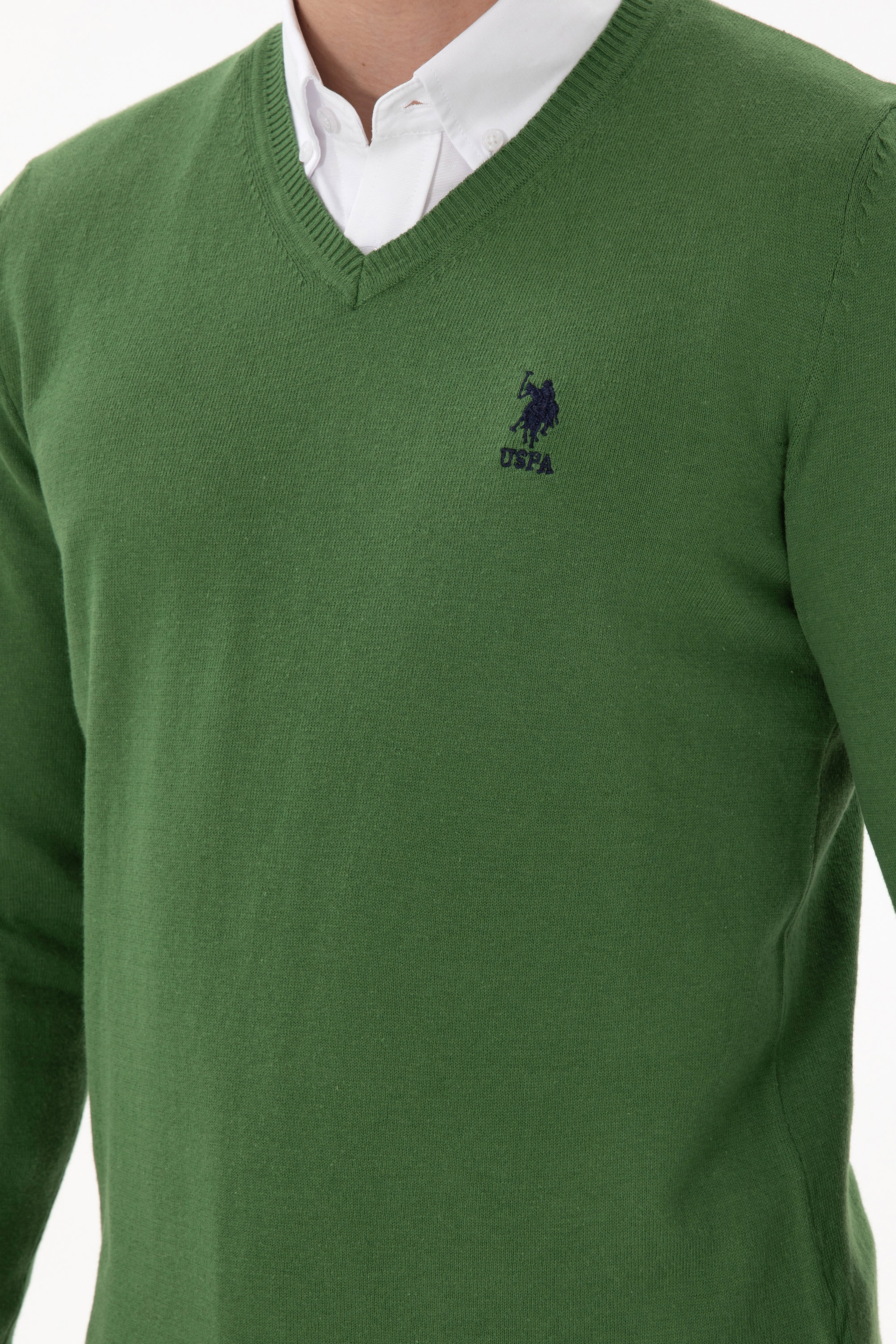 Erkek Slim Fit V Yaka Yeşil Basic Kazak - Image 7