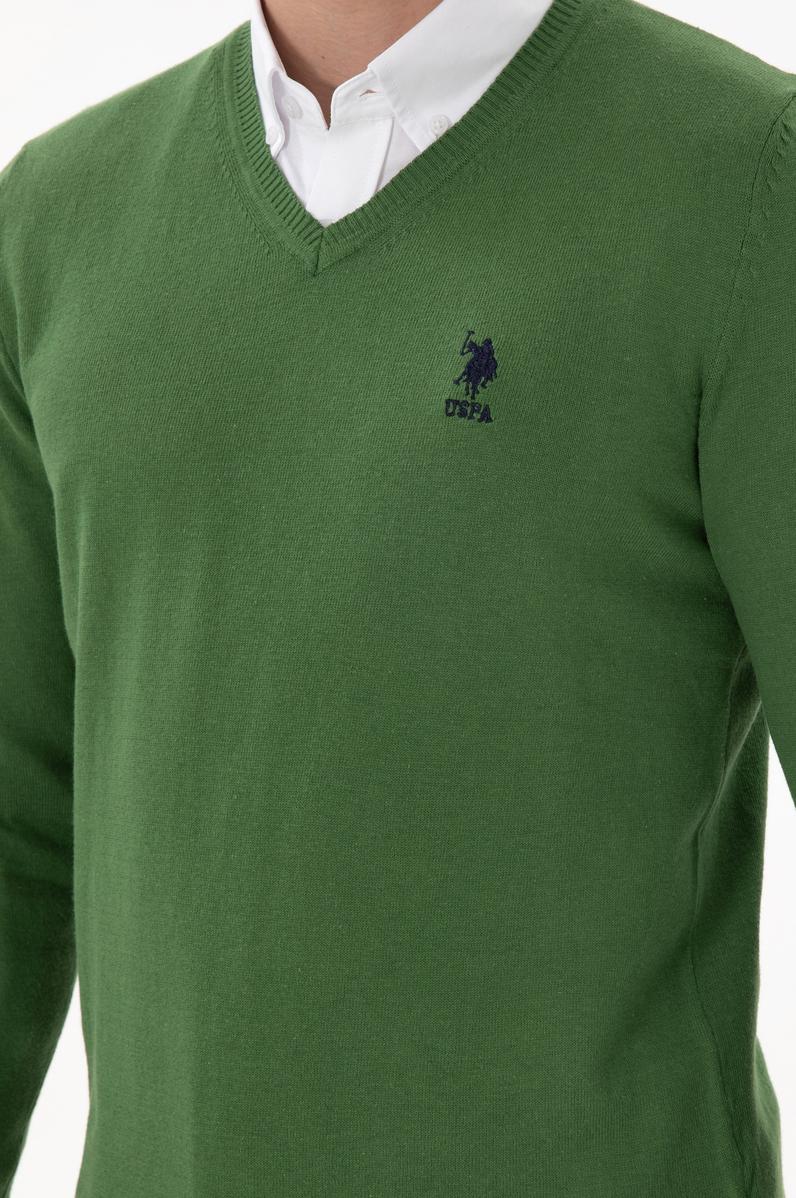 Erkek Slim Fit V Yaka Yeşil Basic Kazak