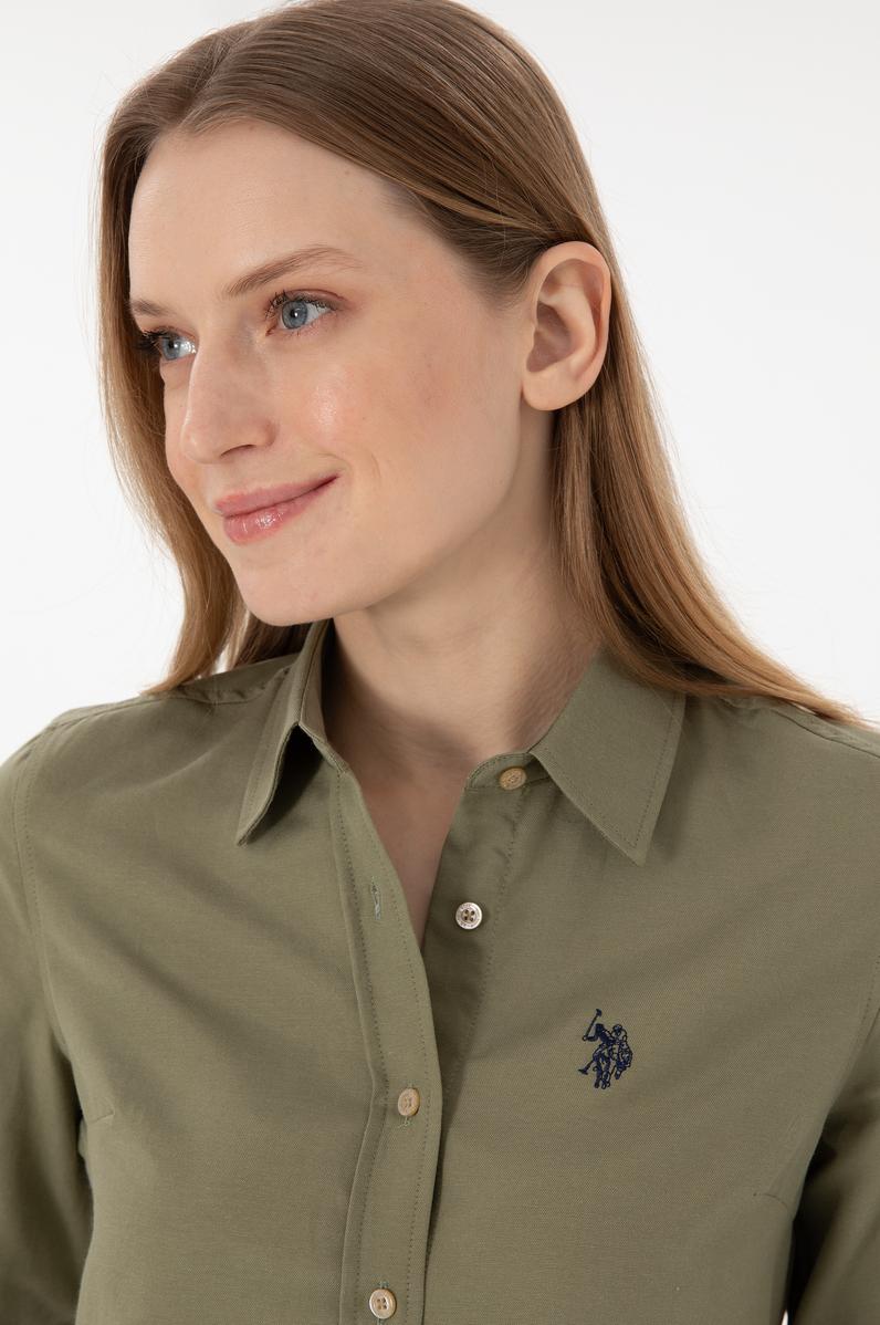 Kadın Açık Haki Uzun Kollu Basic Gömlek