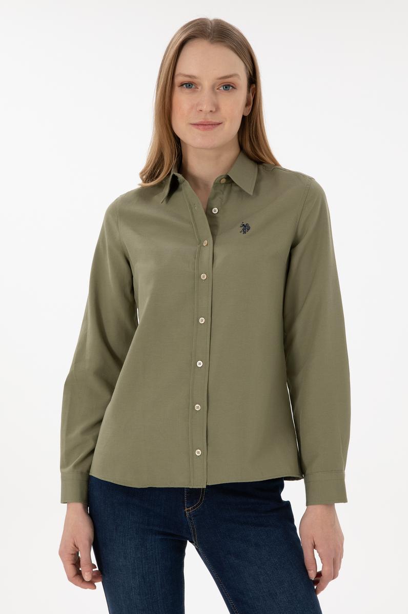 Kadın Açık Haki Uzun Kollu Basic Gömlek