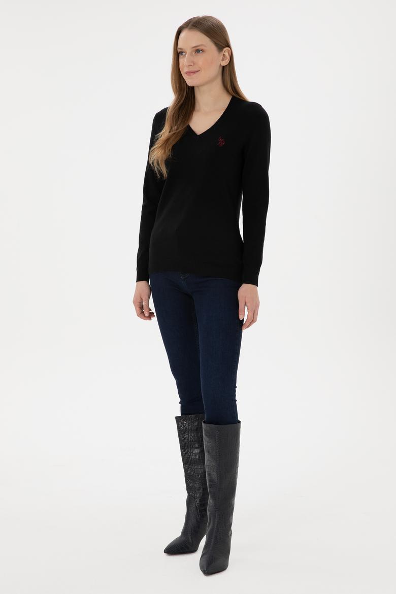 Kadın Siyah V Yaka Basic Kazak - 50293542034