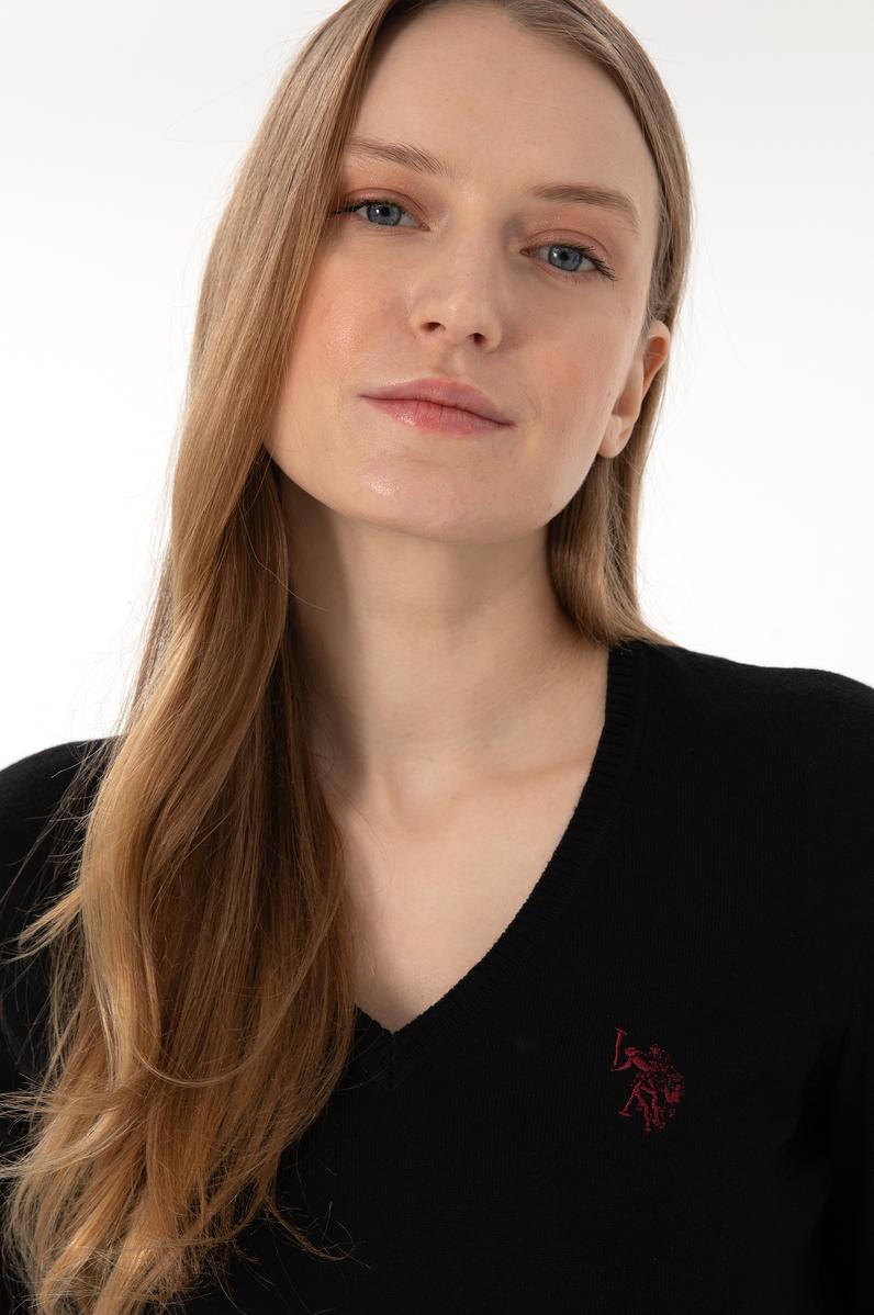 Kadın Siyah V Yaka Basic Kazak