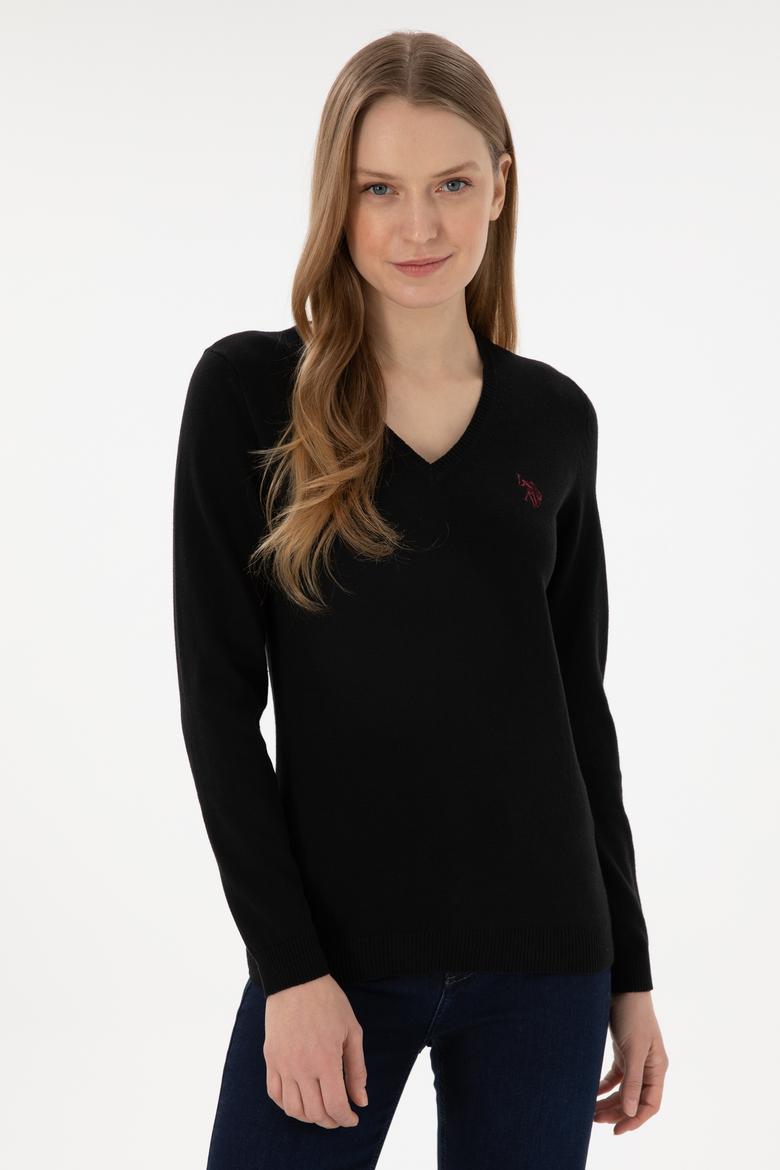 Kadın Siyah V Yaka Basic Kazak