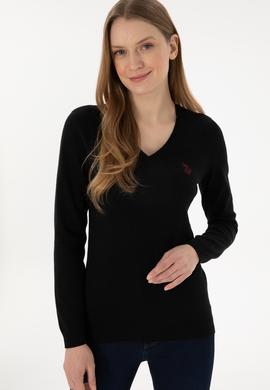 Kadın Siyah V Yaka Basic Kazak - 50293542034