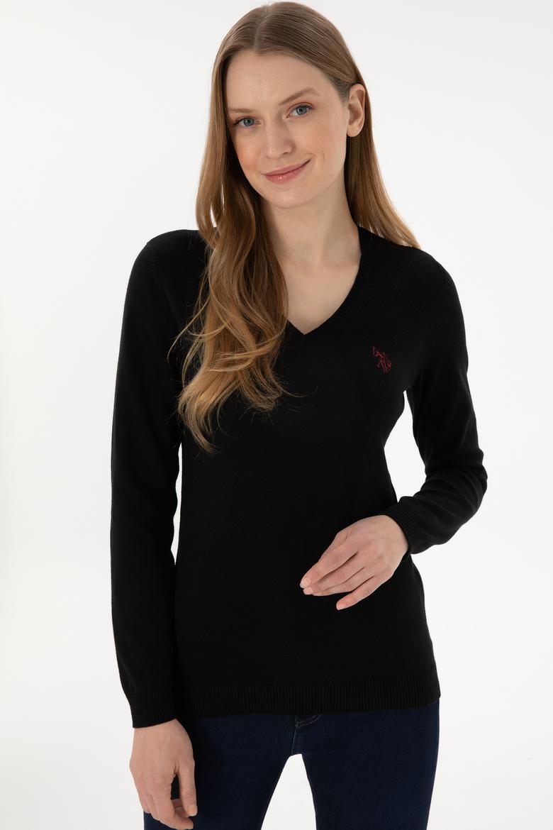 Kadın Siyah V Yaka Basic Kazak - 50293542034