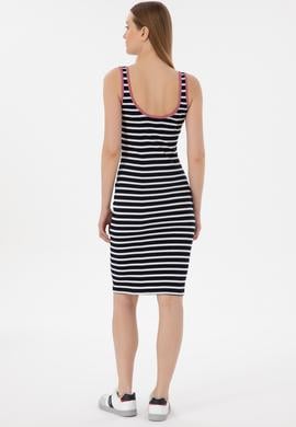 Kadın Lacivert Çizgili Kolsuz Midi Boy Örme Elbise - 50300750005