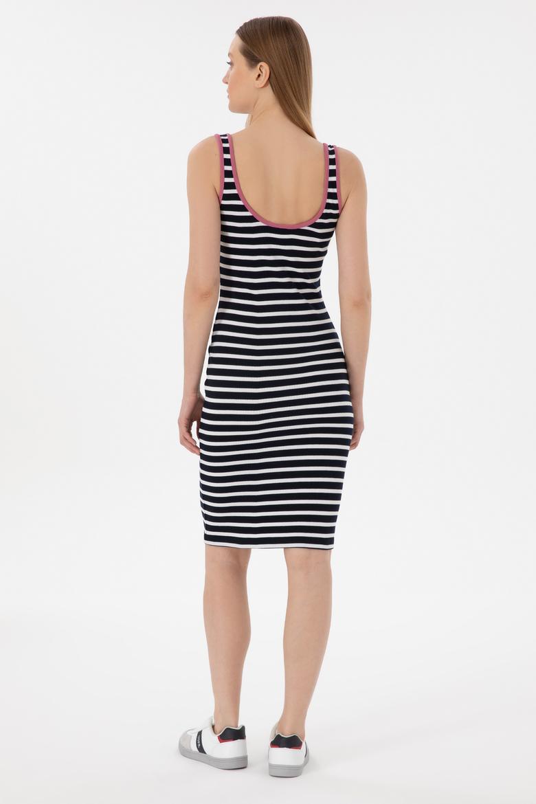 Kadın Lacivert Çizgili Kolsuz Midi Boy Örme Elbise - 50300750005