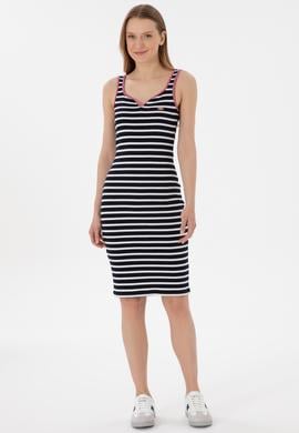 Kadın Lacivert Çizgili Kolsuz Midi Boy Örme Elbise - 50300750005