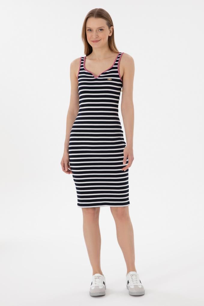 Kadın Lacivert Çizgili Kolsuz Midi Boy Örme Elbise