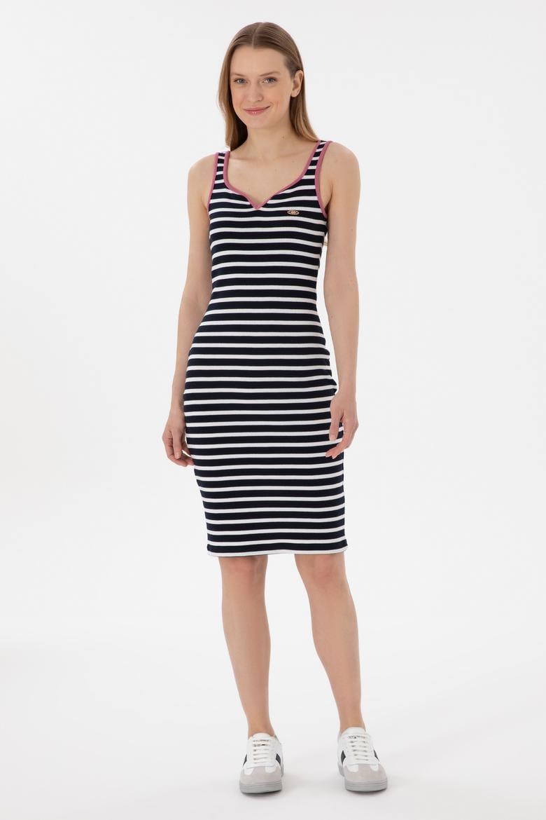 Kadın Lacivert Çizgili Kolsuz Midi Boy Örme Elbise