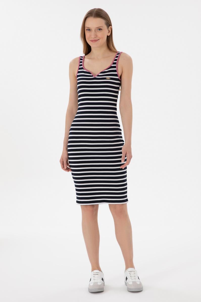 Kadın Lacivert Çizgili Kolsuz Midi Boy Örme Elbise