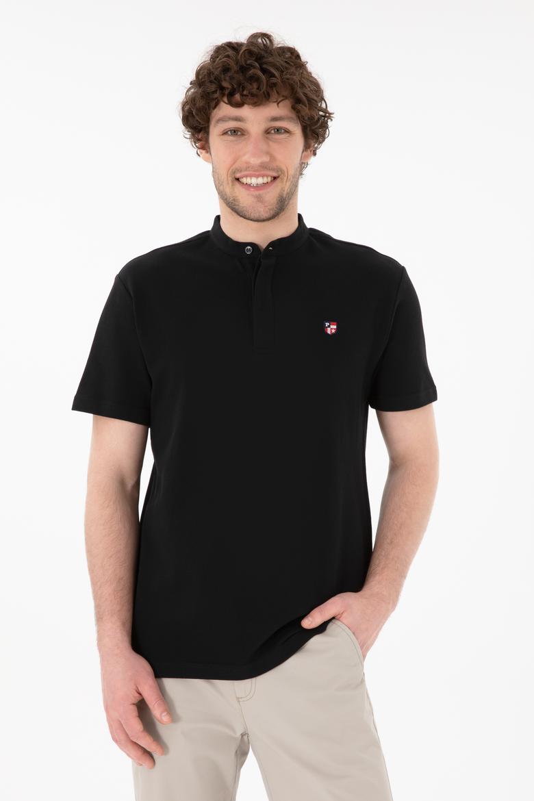 Erkek Regular Fit Hakim Yaka Siyah Basic Tişört