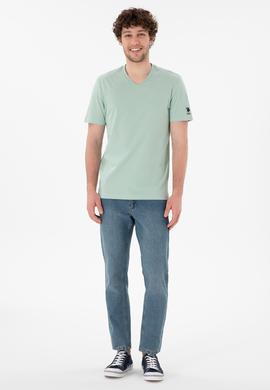 Erkek Regular Fit  V Yaka Su Yeşili Basic Tişört - 50305858067