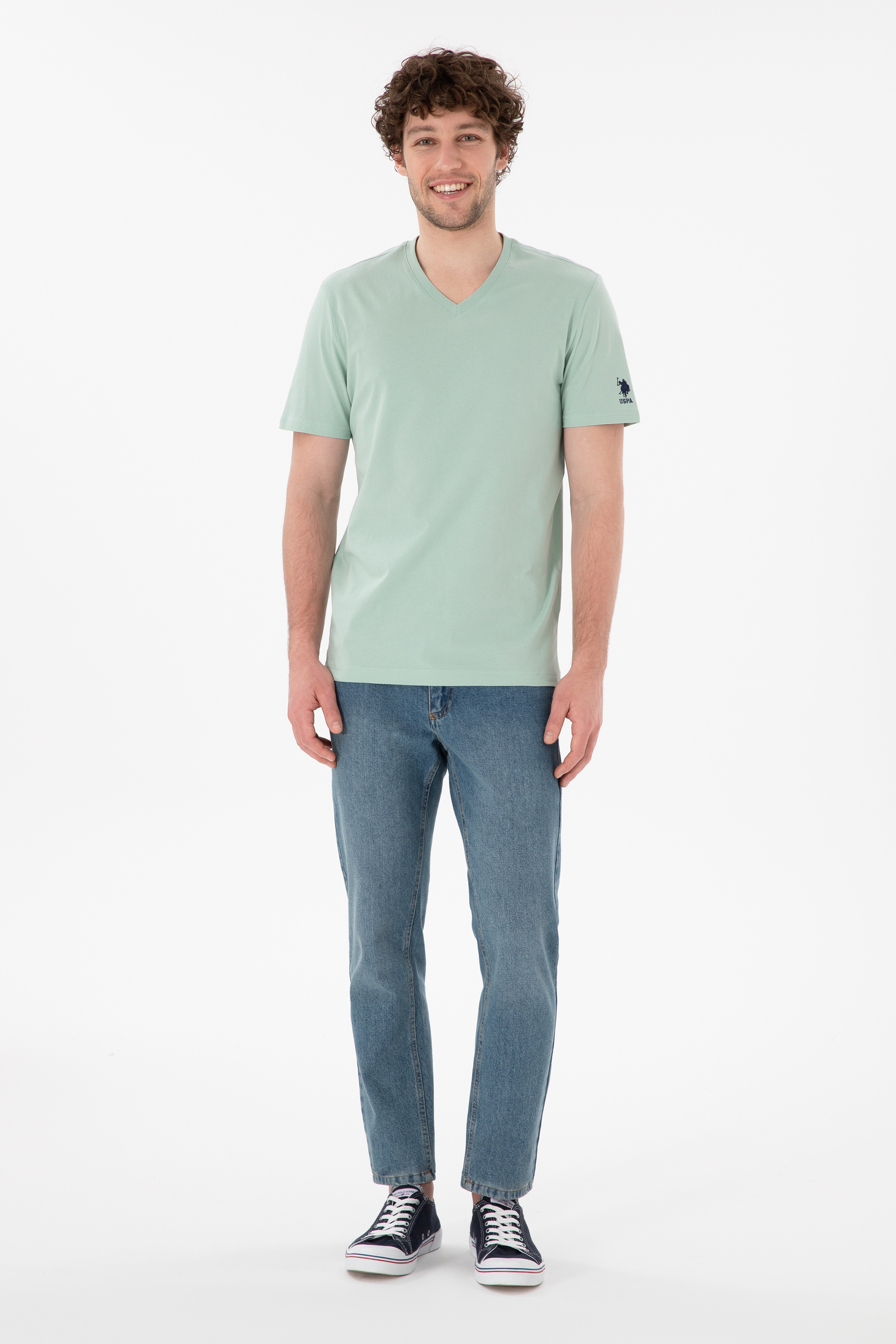 Erkek Regular Fit V Yaka Su Yeşili Basic Tişört - Image 5