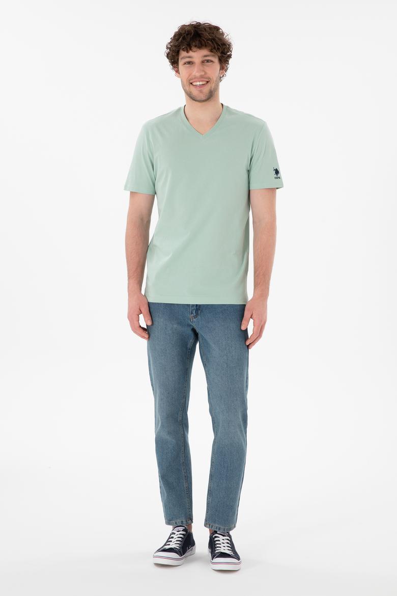 Erkek Regular Fit  V Yaka Su Yeşili Basic Tişört - 50305858067