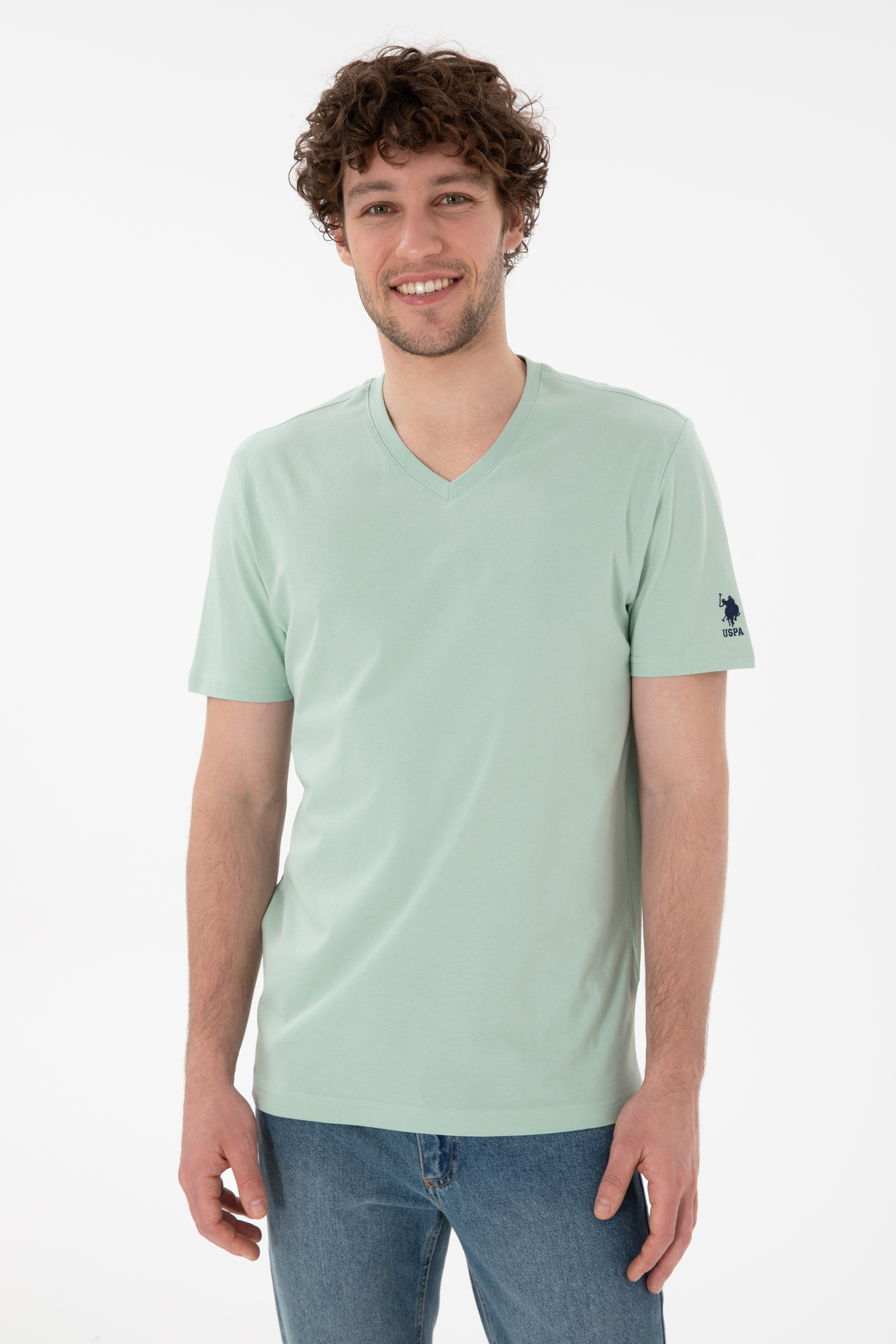 Erkek Regular Fit  V Yaka Su Yeşili Basic Tişört