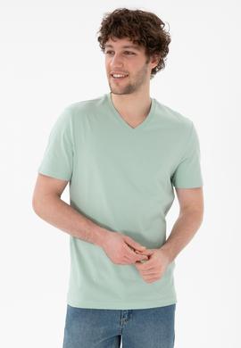 Erkek Regular Fit  V Yaka Su Yeşili Basic Tişört - 50305858067