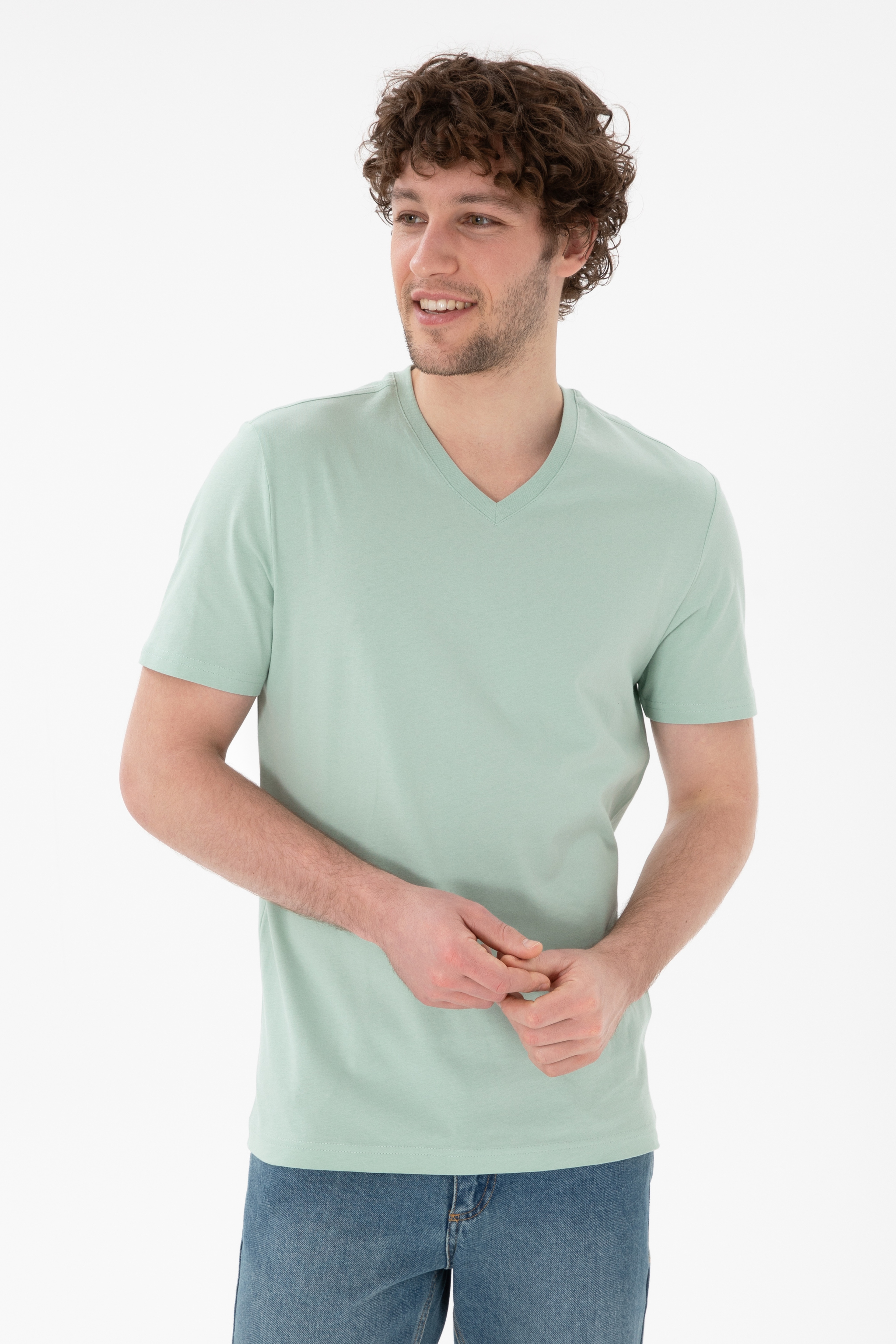Erkek Regular Fit V Yaka Su Yeşili Basic Tişört - Image 2