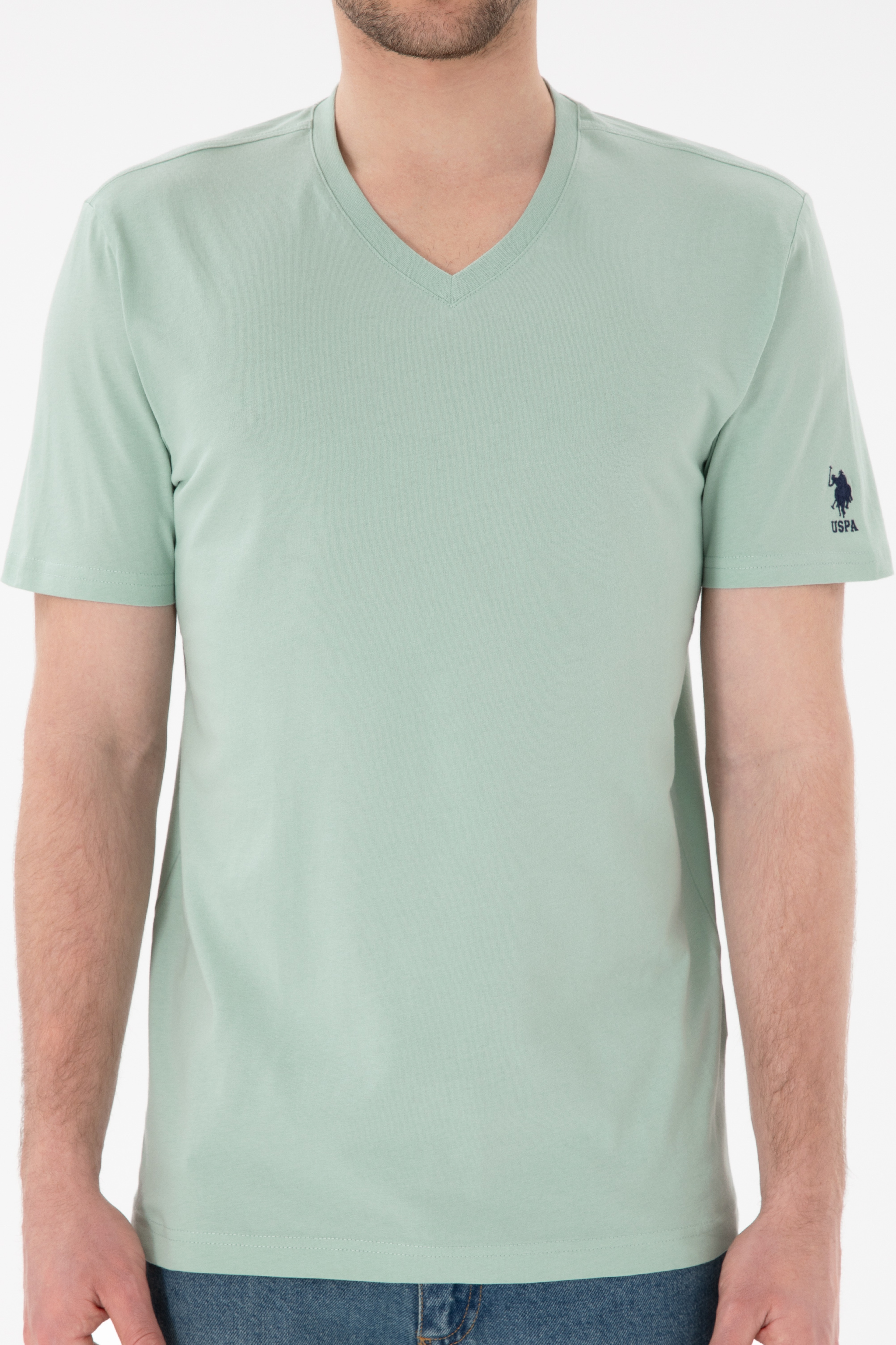 Erkek Regular Fit V Yaka Su Yeşili Basic Tişört - Image 7
