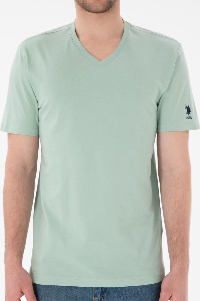 Erkek Regular Fit  V Yaka Su Yeşili Basic Tişört