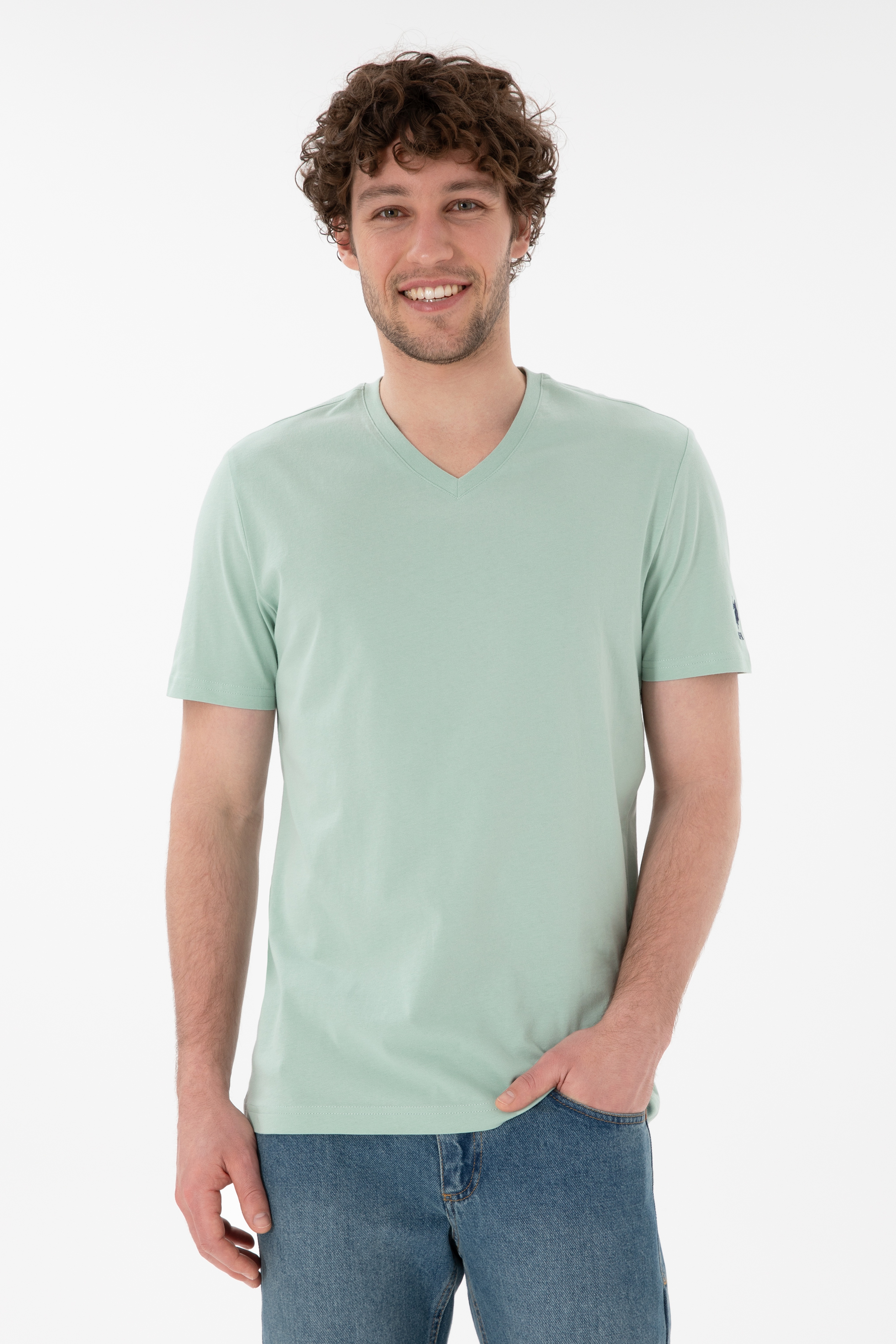Erkek Regular Fit V Yaka Su Yeşili Basic Tişört - Image 1