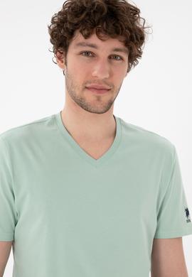 Erkek Regular Fit  V Yaka Su Yeşili Basic Tişört - 50305858067