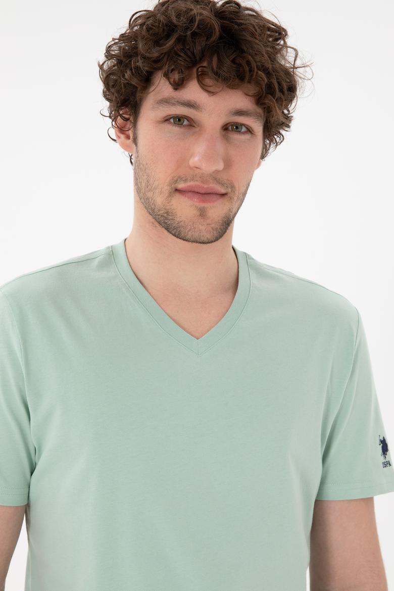 Erkek Regular Fit  V Yaka Su Yeşili Basic Tişört - 50305858067