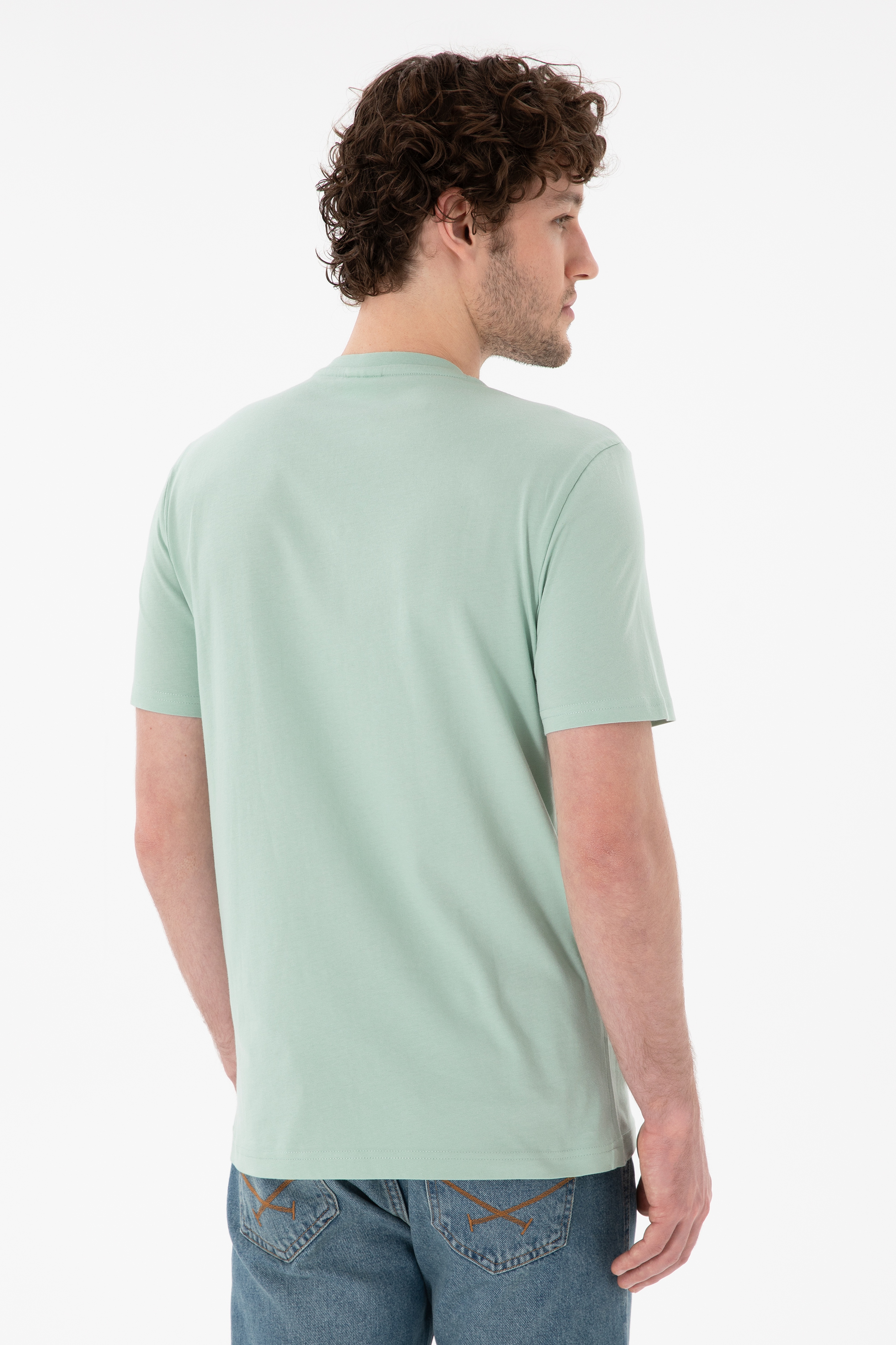 Erkek Regular Fit V Yaka Su Yeşili Basic Tişört - Image 6