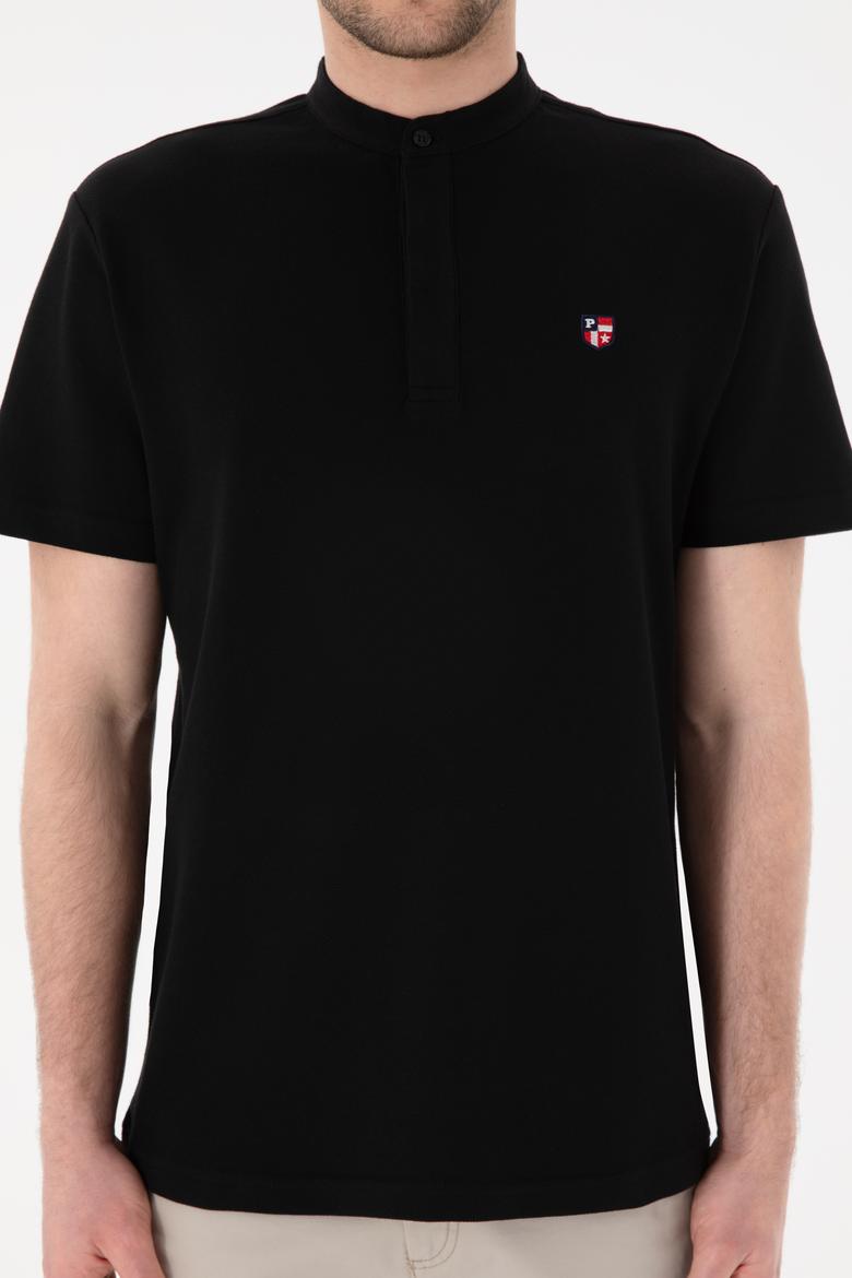 Erkek Regular Fit Hakim Yaka Siyah Basic Tişört - 50305914028