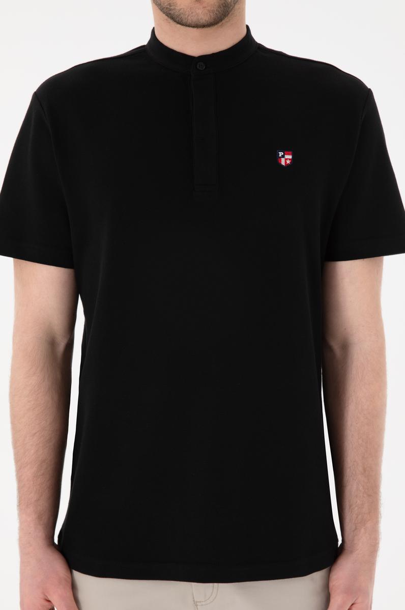 Erkek Regular Fit Hakim Yaka Siyah Basic Tişört