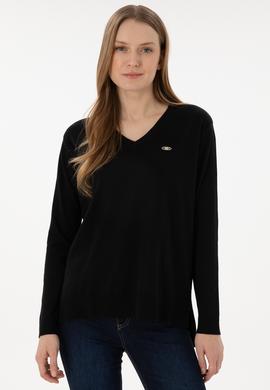 Kadın Siyah V Yaka Basic Kazak - 50293543026