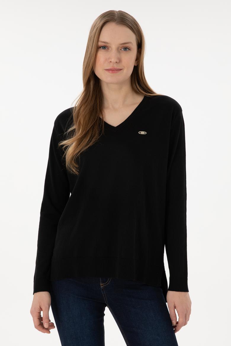 Kadın Siyah V Yaka Basic Kazak