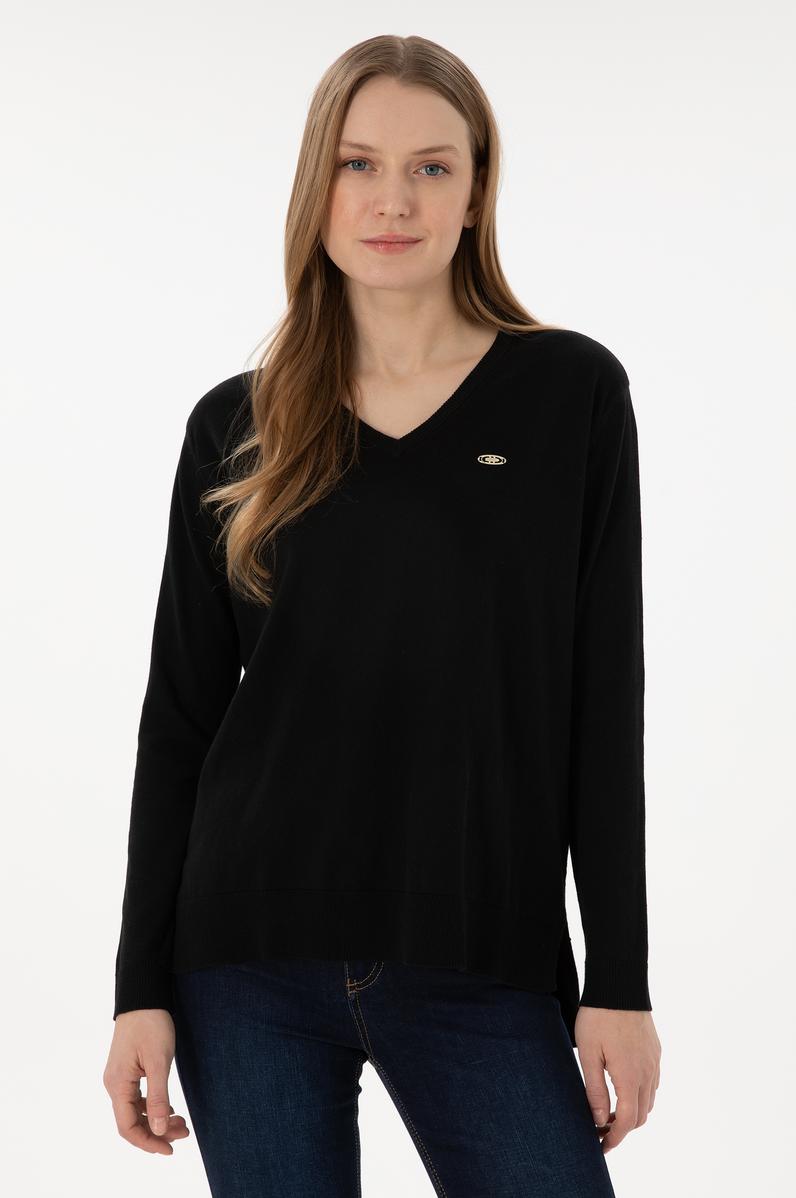 Kadın Siyah V Yaka Basic Kazak