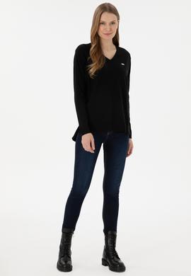 Kadın Siyah V Yaka Basic Kazak - 50293543026