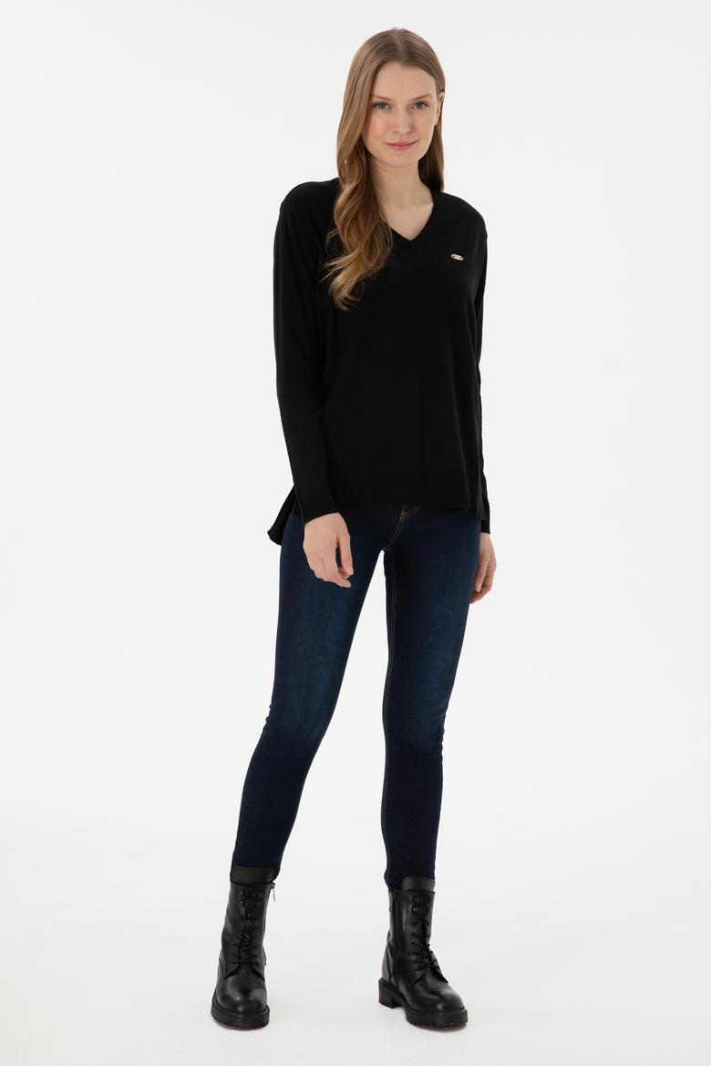 Kadın Siyah V Yaka Basic Kazak - 50293543026
