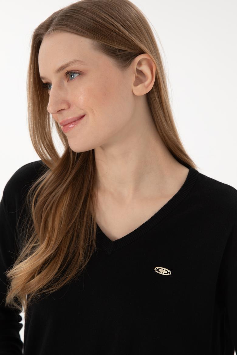 Kadın Siyah V Yaka Basic Kazak - 50293543026