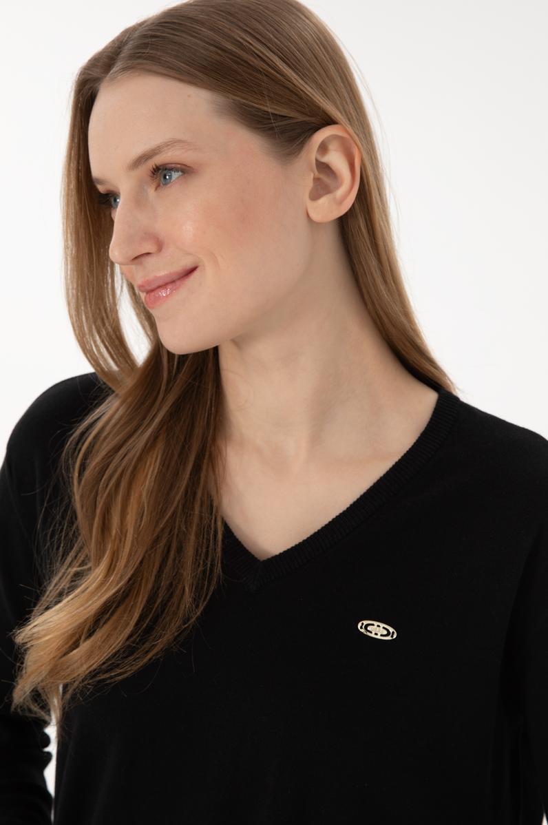 Kadın Siyah V Yaka Basic Kazak