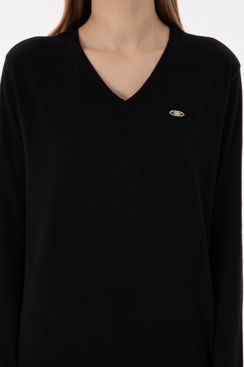 Kadın Siyah V Yaka Basic Kazak - 50293543026