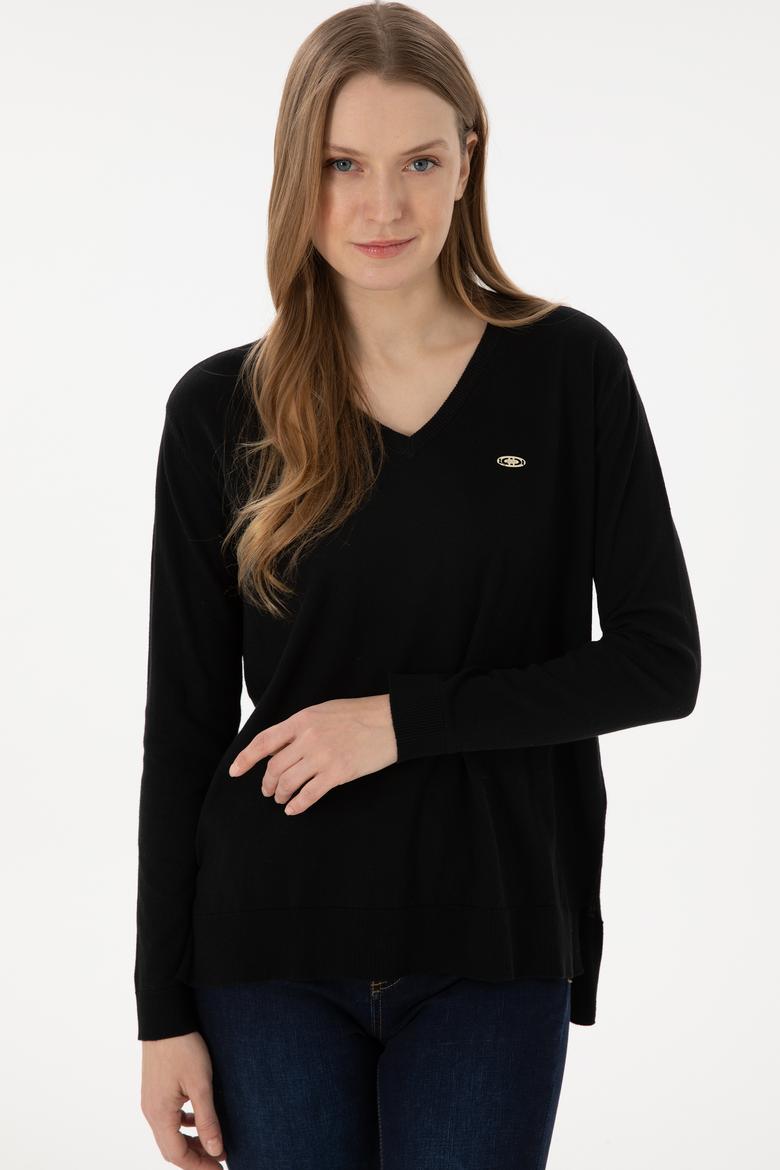 Kadın Siyah V Yaka Basic Kazak - 50293543026