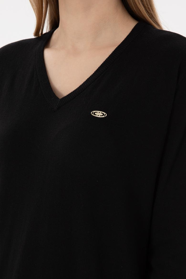 Kadın Siyah V Yaka Basic Kazak - 50293543026