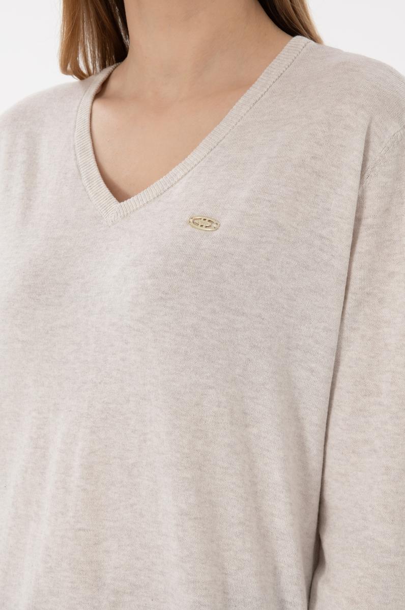 Kadın Taş Melanj V Yaka Basic Kazak