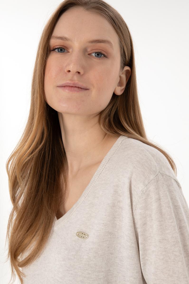 Kadın Taş Melanj V Yaka Basic Kazak