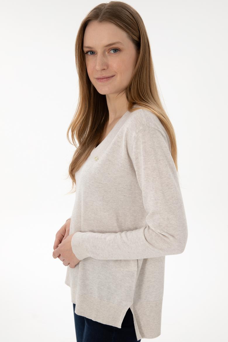 Kadın Taş Melanj V Yaka Basic Kazak - 50293543039