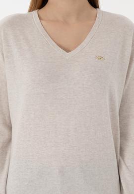 Kadın Taş Melanj V Yaka Basic Kazak - 50293543039