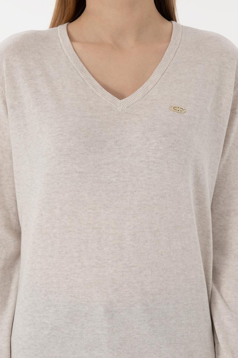 Kadın Taş Melanj V Yaka Basic Kazak - 50293543039