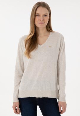 Kadın Taş Melanj V Yaka Basic Kazak - 50293543039