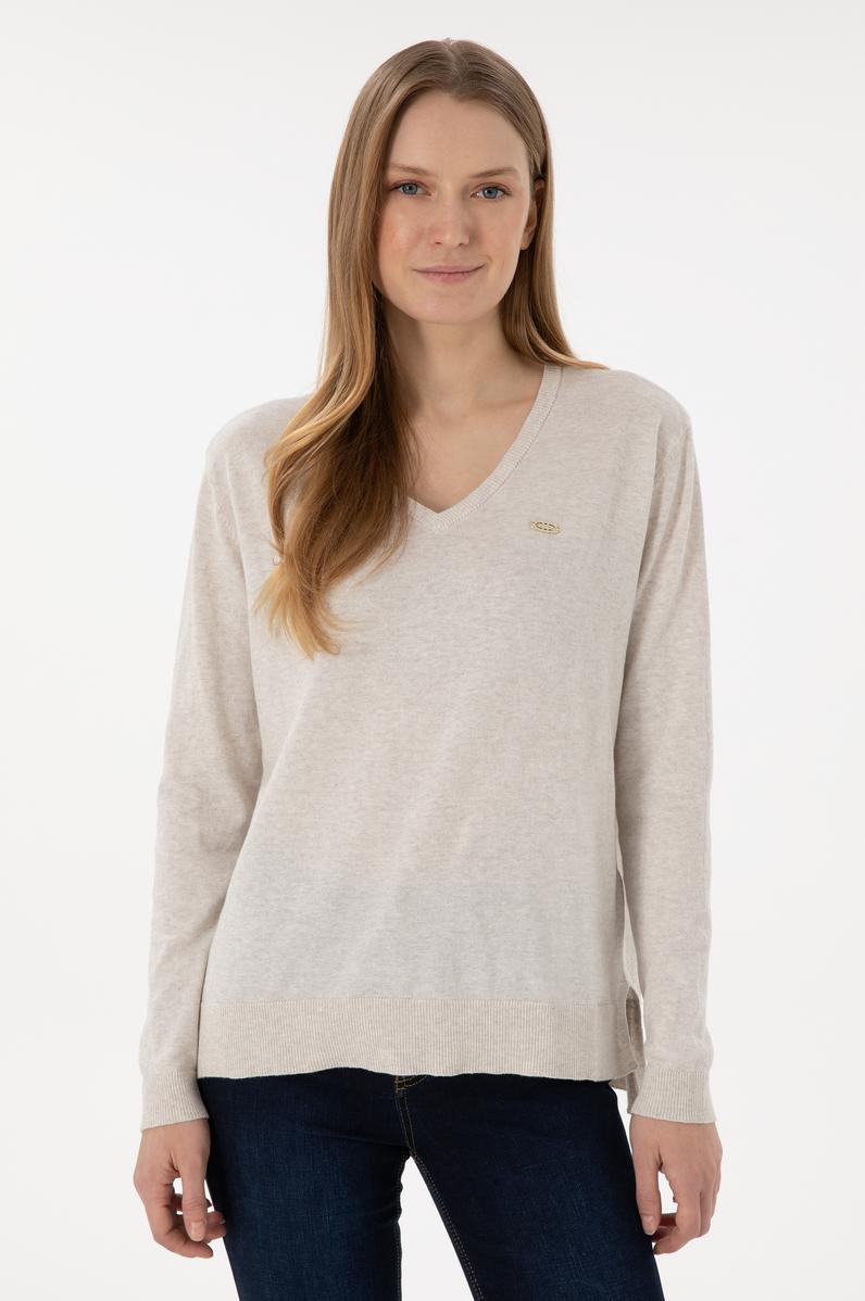 Kadın Taş Melanj V Yaka Basic Kazak