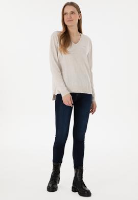 Kadın Taş Melanj V Yaka Basic Kazak - 50293543039